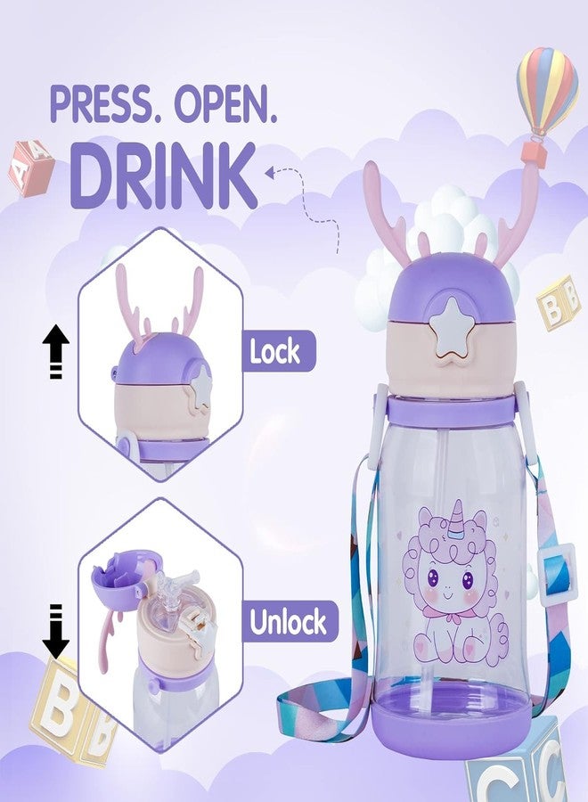 ABR Mall Kids Water Bottle with Straw Water Bottle With Straw & Cartoon Design and Shoulder Strap for Students and Children, Boy, girl 600ml (Purple) - Image 4